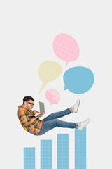 Poster - Picture collage artwork of young guy geek nerd writing texting typing sms bubble cloud element isolated on drawing background