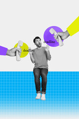 Poster - Poster collage artwork of afraid scared man panics about work deadline listening aggressive chief speech
