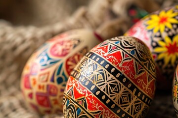 Wall Mural - a close up of three colorful easter eggs on a table