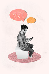 Wall Mural - Vertical composite photo collage of young man sitting with smartphone texting online on social media receive message notification bubble