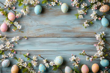 Wall Mural - Photograph of green and blue Easter eggs and flowers on a wooden table