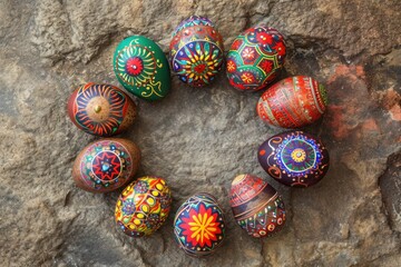 Wall Mural - A group of vibrant Christmas ornaments placed in a circle on a rock