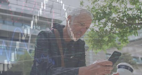 Poster - Animation of financial data processing over caucasian man with smartphone on the go
