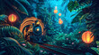 Craft an enchanting illustration of a vintage train emerging from a neon lit tunnel surrounded by lush greenery and whimsical floating lanterns