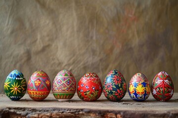 Wall Mural - a row of colorful easter eggs sitting on top of a wooden table