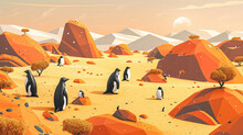 Create A Mesmerizing Background Illustration Featuring A Desert Landscape With Scattered Penguin Sculptures