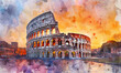 Watercolor Colosseum in Rome at sunrise, Italy, Europe