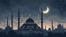 Ramadan Kareem Background With Mosque And Golden Lights.