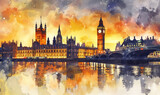 Fototapeta Big Ben - Watercolor London cityscape with Houses of Parliament and Big Ben tower at sunset, UK