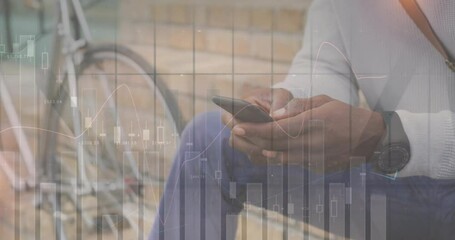 Poster - Animation of financial data processing over african american man with smartphone on the go