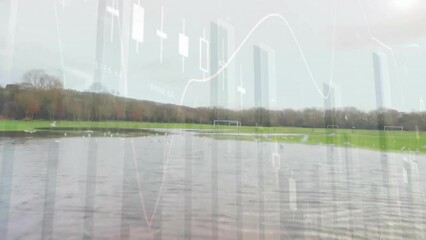 Wall Mural - Animation of financial data processing over landscape