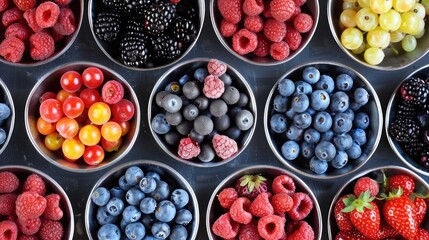 Variety of colorful berries in metal containers. Top view with copy space.