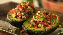 Stuffed Avocado Halves With Diced Vegetables On A Ceramic Plate.