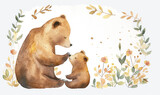 Fototapeta Londyn - Mom and baby bear and leaves and flowers; can be used for cards or baby shower or mother's day posters; watercolor hand draw illustration; transparent background
