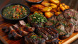 A platter of orted churrasco meats including succulent lamb chops and juicy sirloin steak accompanied by a zingy chimichurri sauce and crispy fried plantains.
