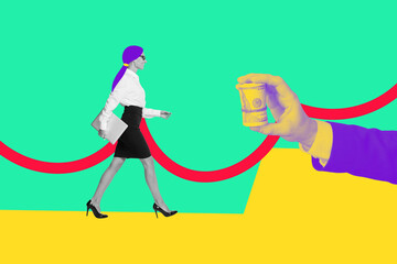 Poster - Collage sketch artwork of successful charming lady going receive salary usd banknotes isolated on painted background