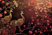 Design With Two Peacocks And Pink Blossoms, Ornate Decorative Wallpaper