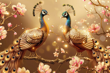 Wall Mural - design with two peacocks and pink blossoms, ornate decorative wallpaper