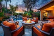 Modern Backyard with Fire Pit at Dusk