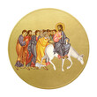 Orthodox traditional image of Palm Sunday. Jesus' triumphal entry into Jerusalem. Golden christian medallion in Byzantine style on white background