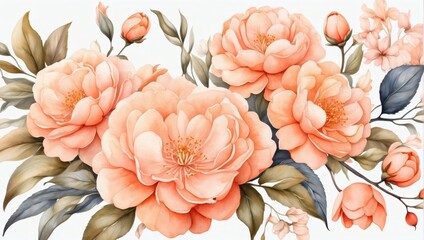 Wall Mural - Peach floral pattern. Watercolor soft flowers.