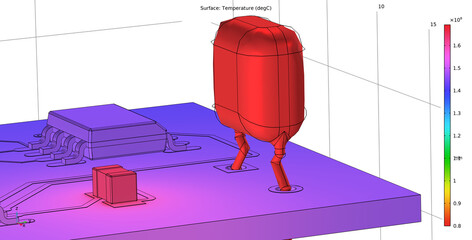 Canvas Print - Computer 3d modeling of the temperature distribution 
on the surface of the printed circuit
board of an electronic device and its components. 
Thermal analysis.