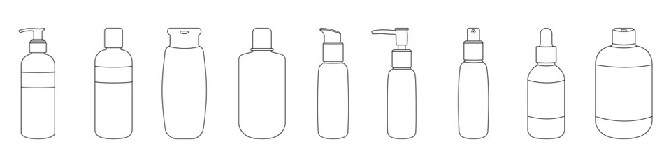 Poster - Set of liquid bottles with a dispenser vector. bottles for body care vector. Cosmetic containers for personal hygiene in linear style vector. Self care vector.