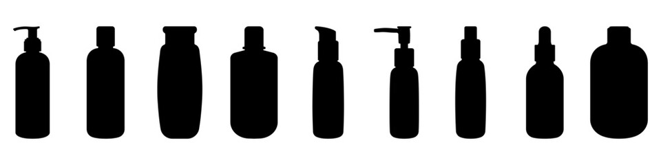 Poster - Set of liquid bottles with a dispenser vector. bottles for body care vector. Cosmetic containers for personal hygiene in linear style vector. Self care vector.