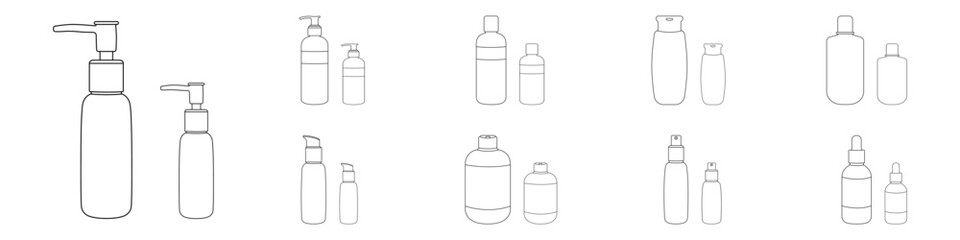 Poster - Set of liquid bottles with a dispenser vector. bottles for body care vector. Cosmetic containers for personal hygiene in linear style vector. Self care vector.