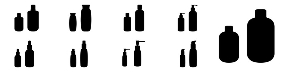 Poster - Set of liquid bottles with a dispenser vector. bottles for body care vector. Cosmetic containers for personal hygiene in linear style vector. Self care vector.
