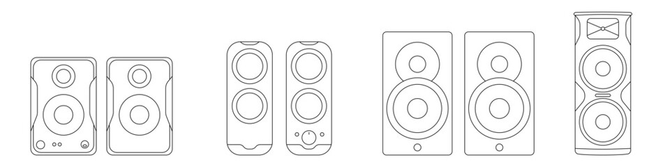Poster - Electric speakers for home cinema. Speakers vector set of linear icons. Linear sound set of speakers for home or concert. Stereo systems and audio systems vector.
