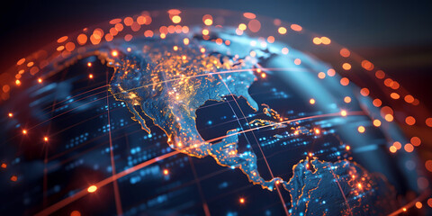 Wall Mural - digital world globe centered on usa, concept of global network and connectivity on earth, data trans