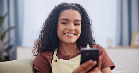 Poster - woman, laughing and typing with phone on couch for text message, social media post or internet meme 