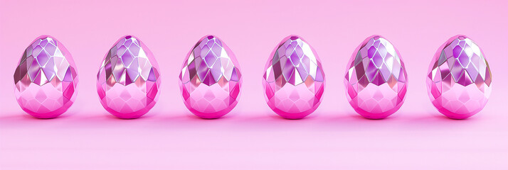 Wall Mural - Easter pink faceted shiny eggs lined up in a row. Illustration, pink banner on a pink background. Religious holiday concept, traditions