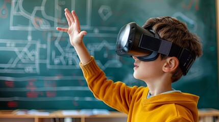 Young Student Experiencing Virtual Reality in Classroom
A boy in a yellow sweater engages with virtual reality technology during a lesson in a classroom with a chalkboard full of diagrams.
