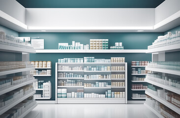 A modern pharmacy with a minimalistic design, shelves with medicines, pharmacy background. Blurred medicines on the shelves inside the pharmacy