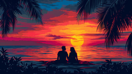 Wall Mural - A couple in love sit on the beach and watch the sunset by the sea
