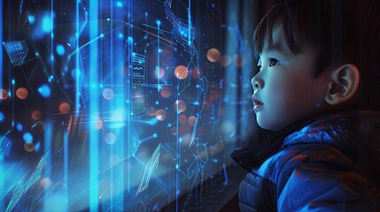 Poster - Young boy amazed by interactive holographic technology in a dark, futuristic setting