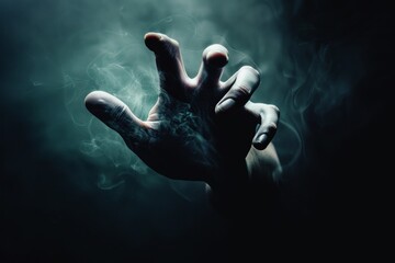 human hand in the smoke from the dark background