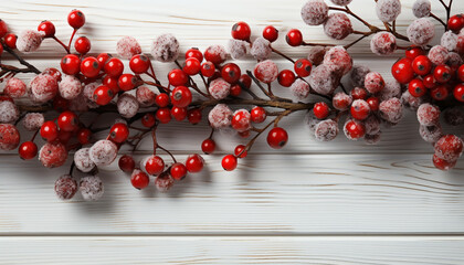 Wall Mural - Rustic winter table organic berry dessert, fresh holly decoration generated by AI