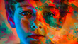 Artistic portrait of autistic boy, colorful and expressive