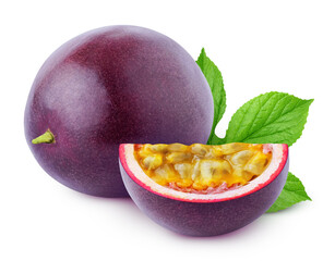 Sticker - Isolated passionfruit. Whole and piece of passion fruits (maracuya) with leaves isolated on white background