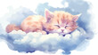 Cute kitten sleeping on a cloud watercolor drawing