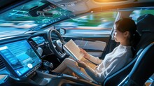 Relaxed passenger Reading and Enjoying Autonomous Car Ride in City