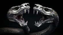 A 3d Render Of A Silver Render Of Two Cobra's Intertwined Sticking Their Tongue Outs, On A Black Background Created With Generative AI
