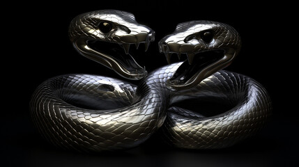 a 3d render of a silver render of two cobra's intertwined sticking their tongue outs, on a black background created with Generative AI