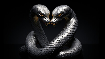 a 3d render of a silver render of two cobra's intertwined sticking their tongue outs, on a black background created with Generative AI