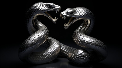 a 3d render of a silver render of two cobra's intertwined sticking their tongue outs, on a black background created with Generative AI