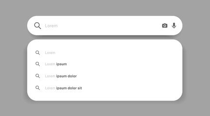 Poster - Search Bar with suggestions for UI UX design and web site. Search Address and navigation bar icon. Collection of search form templates for websites. Search engine web browser window template.