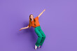 © deagreez - Photo of adorable positive girl wear trendy clothes have fun good mood friday party isolated on purple color background